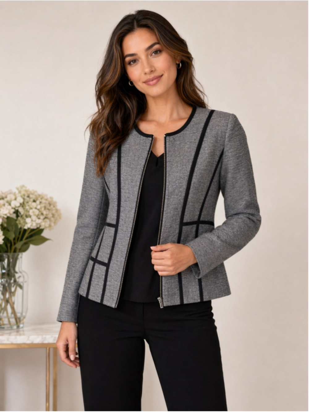 Jones New York Grey Zip Blazer Jacket Size 6 Structured Career
